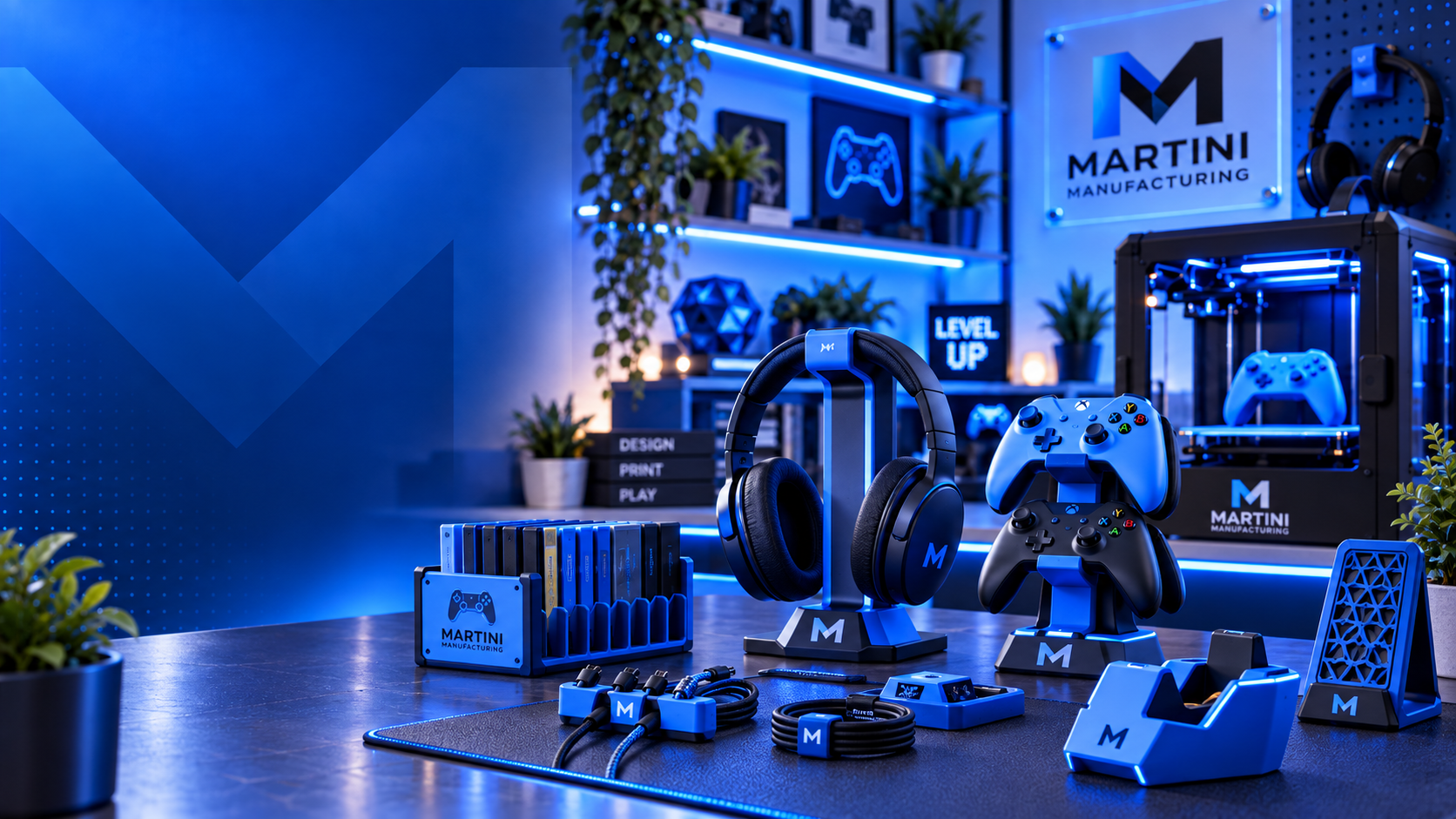 A blue-lit gaming desk setup with 3D-printed controller stands, a headset holder, cable organisers and game cases, with a Martini Manufacturing 3D printer and logo in the background