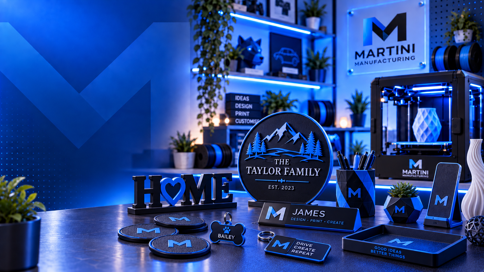 A blue-lit custom print display showing personalised HOME letters, a family name plaque, coasters, a desk nameplate, keychains and a pet tag, with a Martini Manufacturing 3D printer and logo in the background