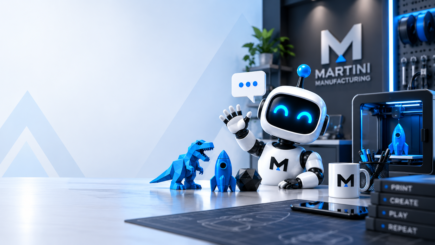 The Martini Manufacturing robot mascot waving beside 3D-printed toys and a 3D printer in a blue-lit workshop