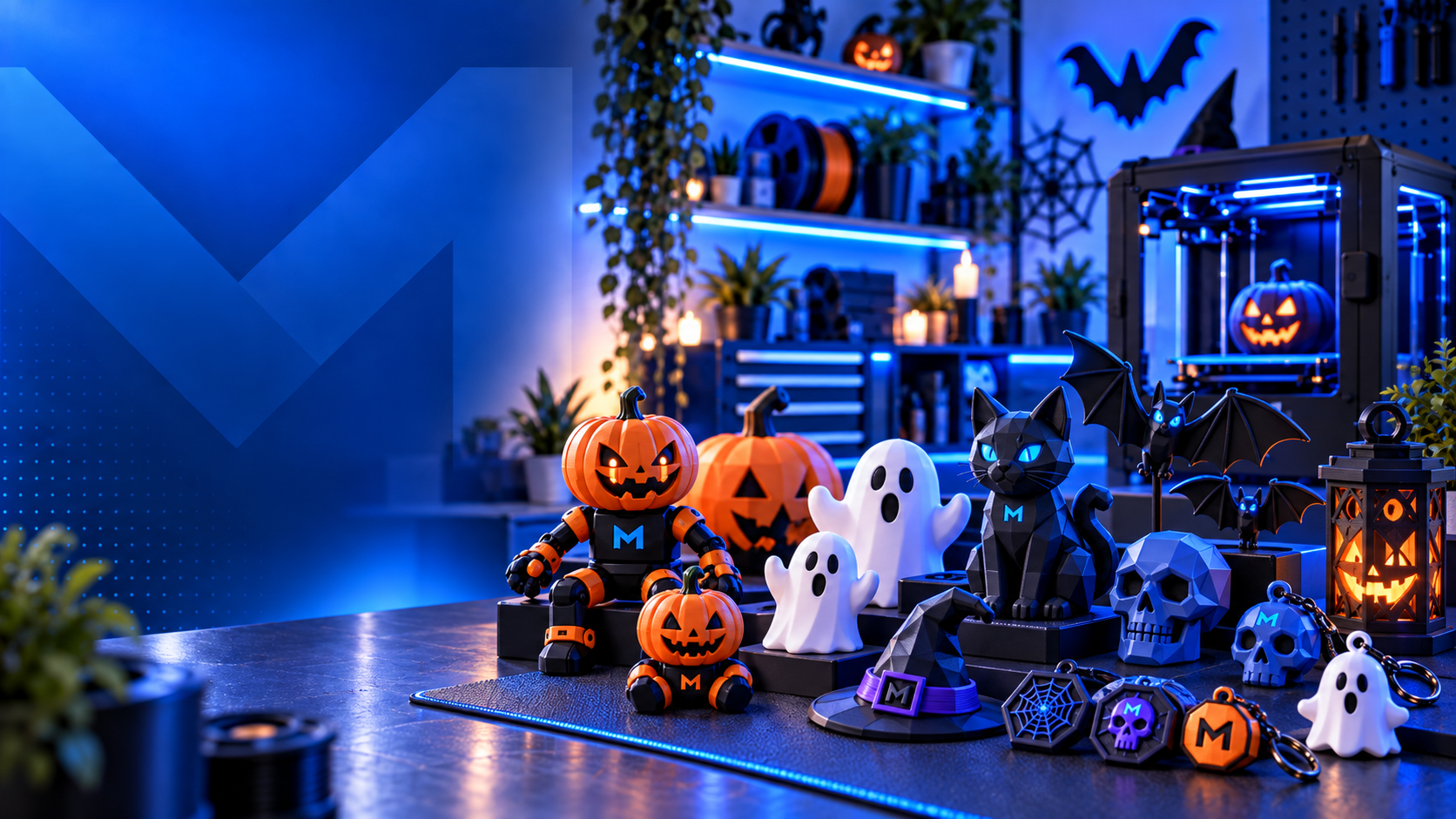 A blue-lit workshop bench of 3D-printed Halloween pieces — glowing jack-o'-lanterns, a pumpkin-head robot, ghosts, a black cat, bats, skulls and keyrings — beside a 3D printer