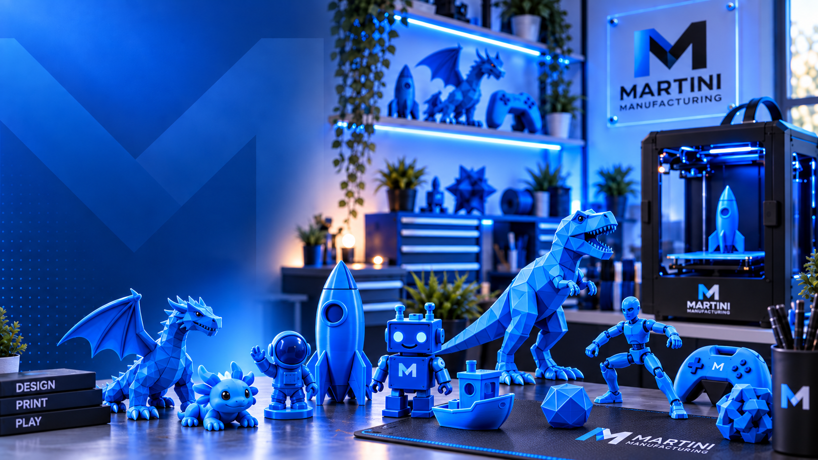 A blue-lit workshop display of 3D-printed toys including a dragon, astronaut, rocket, robot, dinosaur and action figure, with a Martini Manufacturing 3D printer and logo in the background