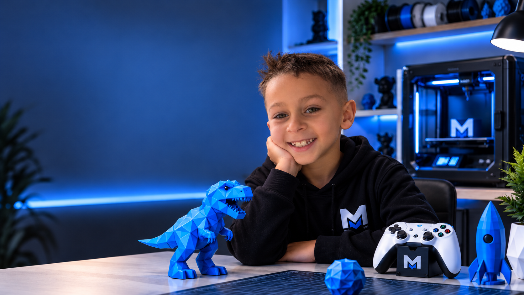 Kobi Martini with his 3D-printed dinosaur, rocket and controller stand in his workshop