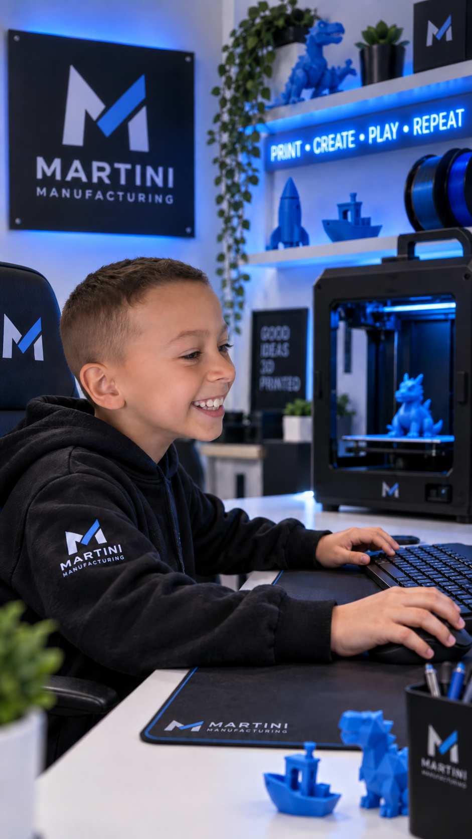 Kobi Martini at his desk with a 3D printer, blue dinosaur, rocket and Martini Manufacturing branding