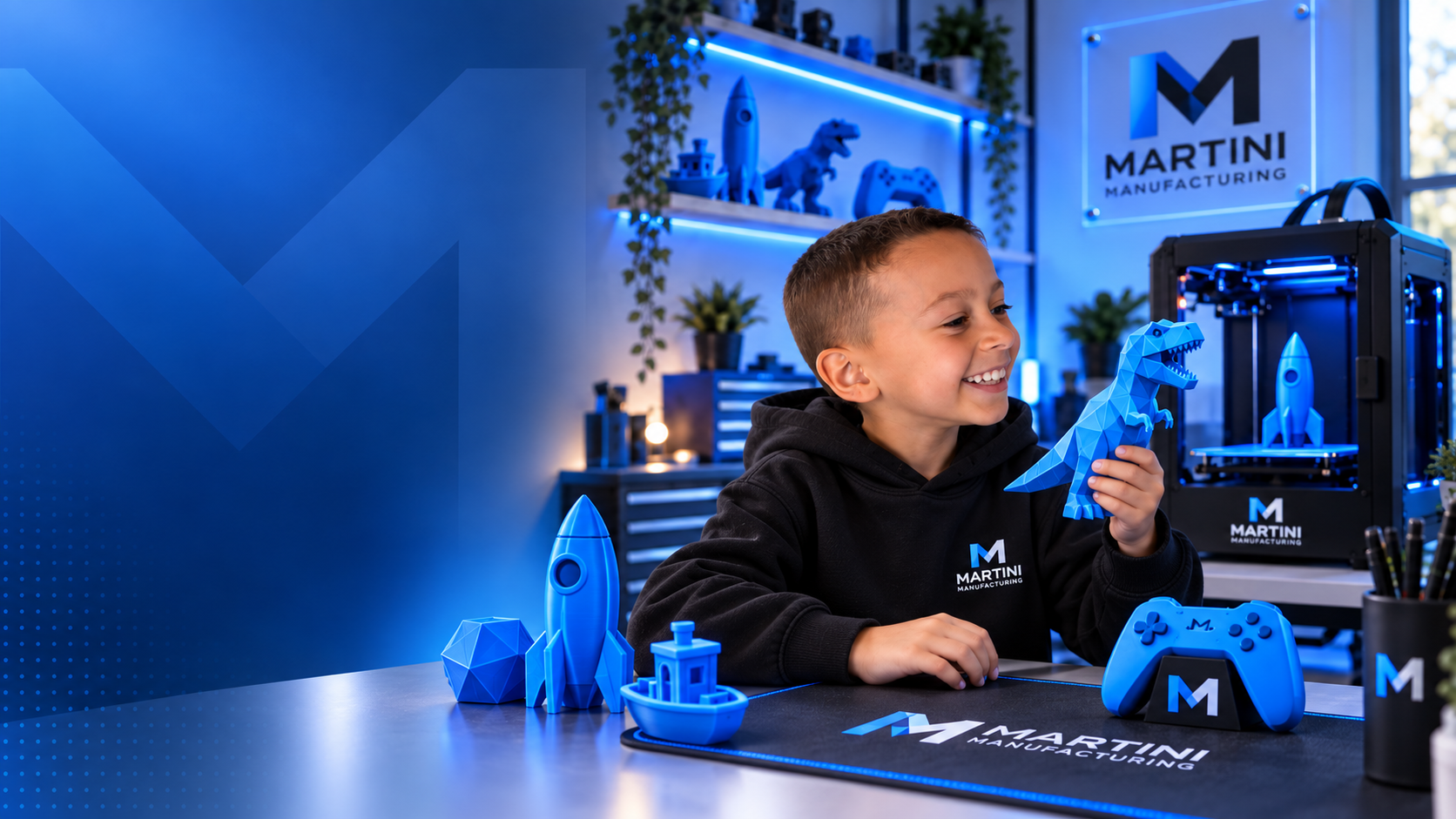 A young maker in a blue-lit workshop holding a 3D-printed dinosaur, surrounded by rockets, a game controller and a Martini Manufacturing 3D printer