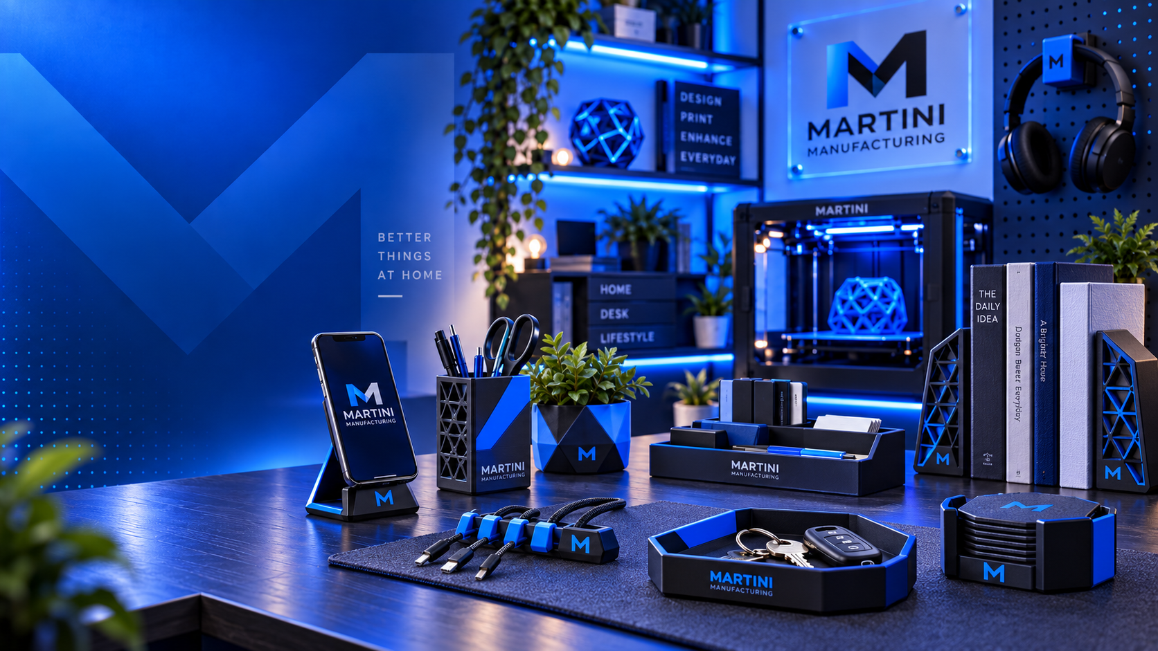 A blue-lit home desk scene with 3D-printed organisers, a phone stand, pen pot, cable clips, coasters and a key tray, with a Martini Manufacturing 3D printer and logo in the background