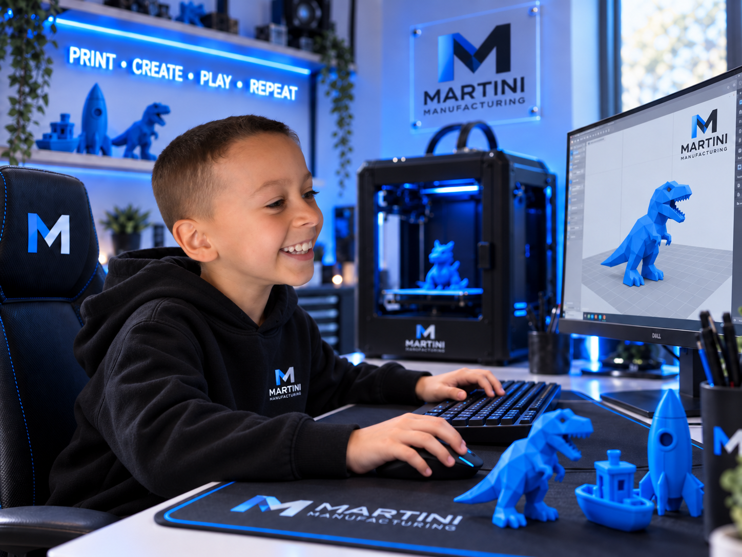 Kobi Martini at his desk with a 3D printer, blue dinosaur and rocket models