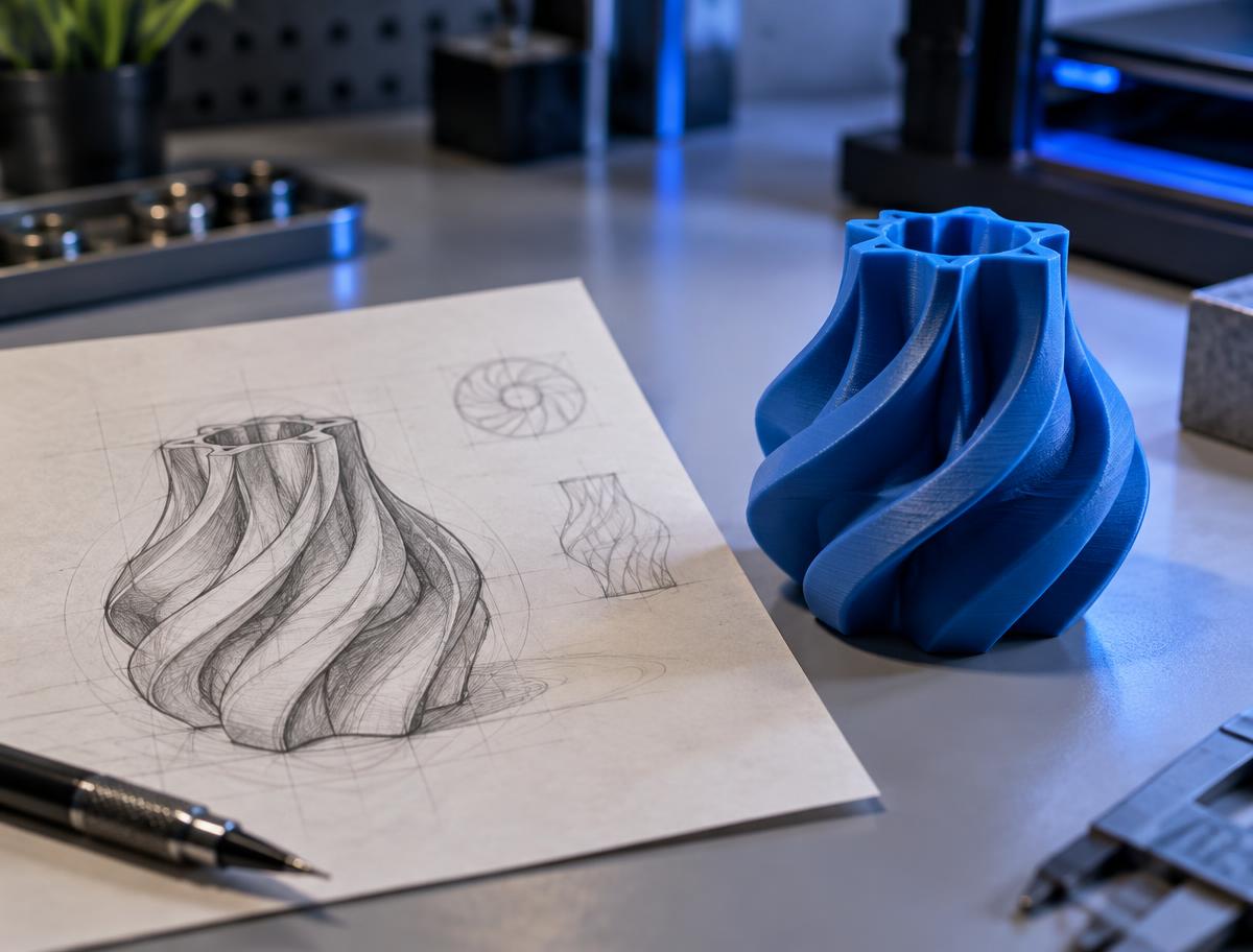A pencil sketch beside the finished blue 3D-printed object it became