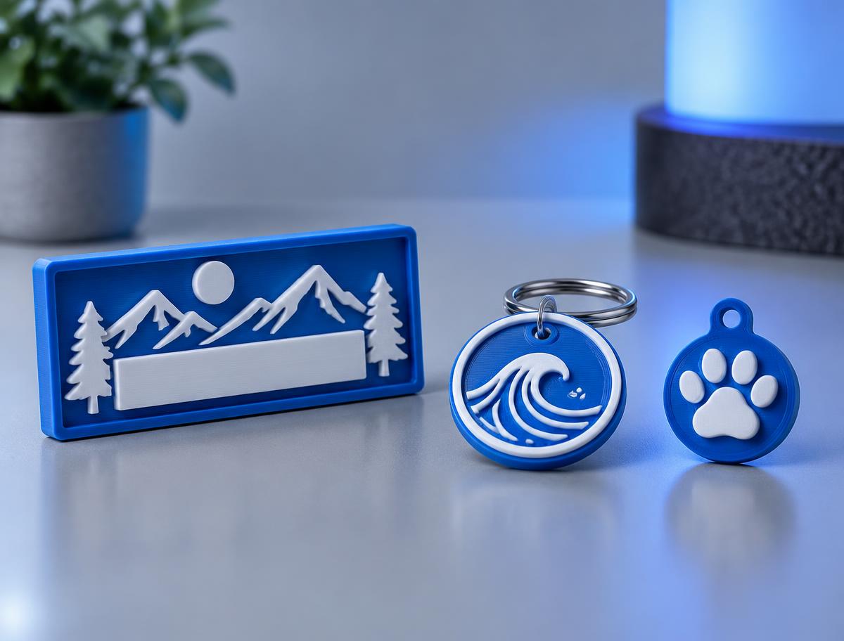 A blue 3D-printed name plaque, keyring and pet tag on a pale studio surface