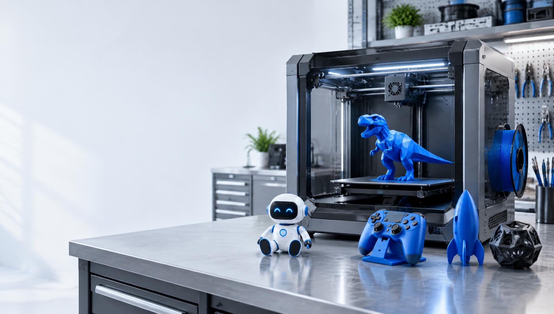 A modern 3D printer making a blue dinosaur beside playful printed objects
