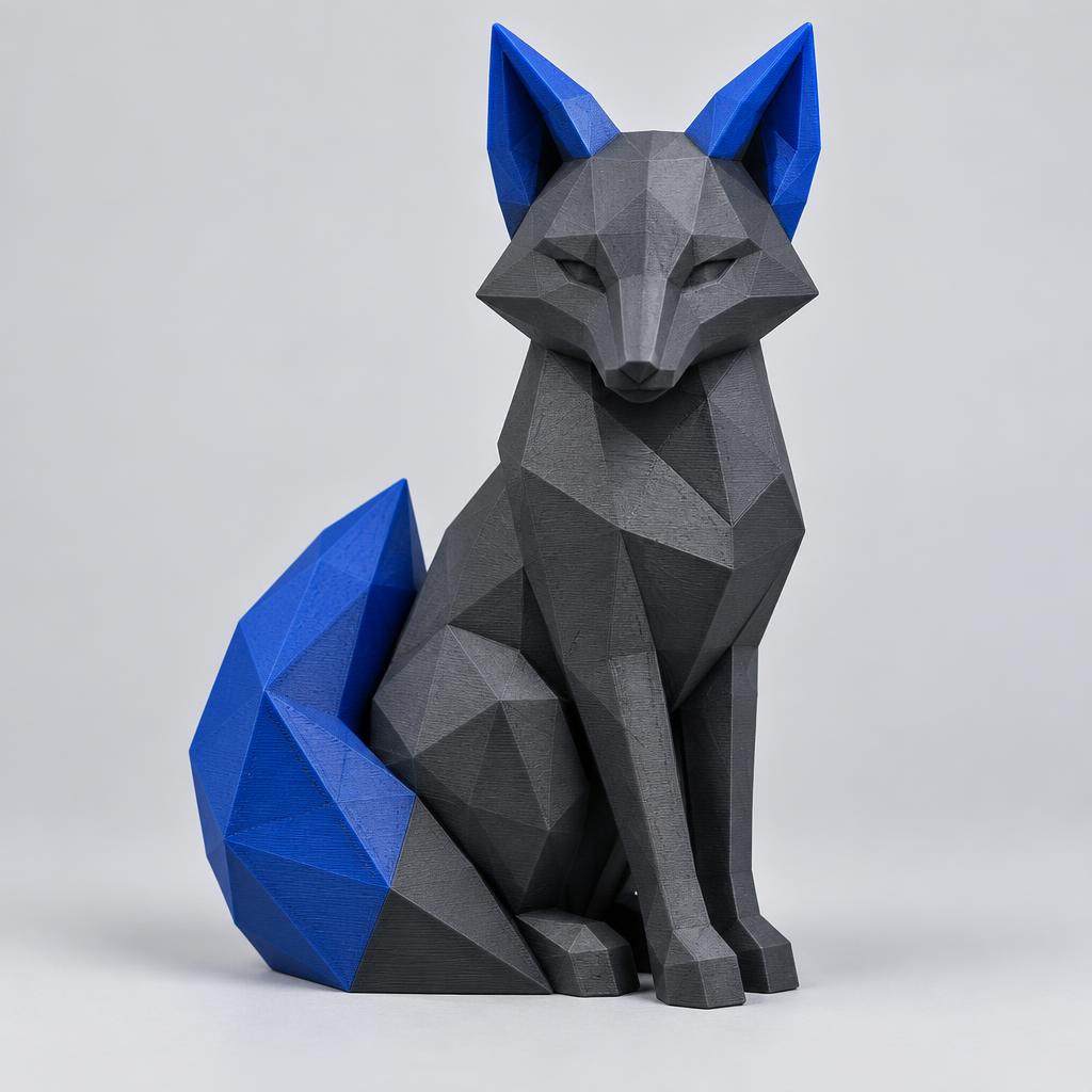 Graphite and blue low-poly 3D-printed fox figure